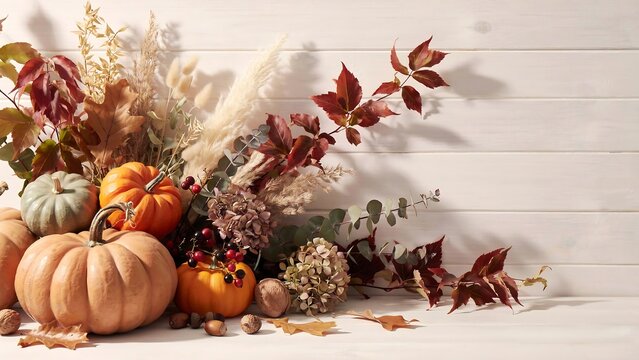 Autumnal harvest pumpkins and fall foliage arranged beautifully against a white wooden background