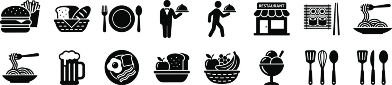 Black Solid Glyph Restaurant and Catering Icon Set with Waiter Serving Food Burger Noodles Sushi and Breakfast Dining Symbols