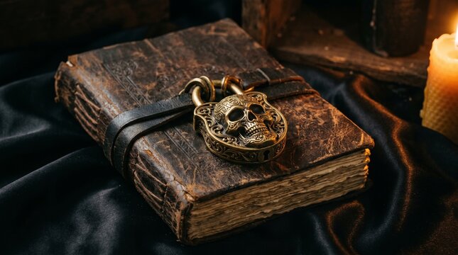 Old leather journal with gold padlock on black silk. Dark gothic mystery background.