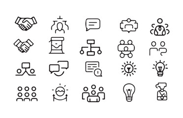 Fototapeta premium Set of business and teamwork line icons: collaboration, partnership, leadership, communication, strategy.