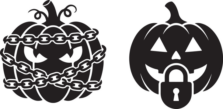 Halloween pumpkin icons, black chain and lock jack-o-lanterns, spooky symbols, vector illustrations