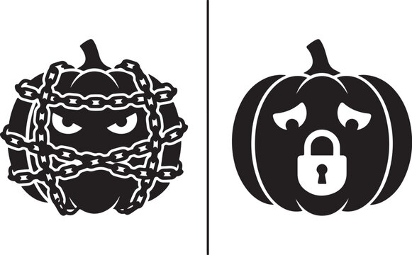 Halloween pumpkin icons, security symbols, chain and lock graphics, black vector illustrations