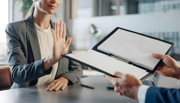 A businesswoman showing a stop hand gesture to reject a contract or document offered by a colleague at an office desk, representing business refusal and disagreement concept.