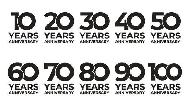 Milestone Anniversary Year Numbers from 10 to 100 with Text on Isolated White Background