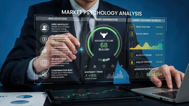 Businessman analyzing financial market psychology and sentiment data on digital screen