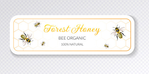 Honey shop badge design with bees, honeycombs and text in white and yellow colours isolated on transparent background. Bee honey label. Branding object for honey shops. Vector illustration.  © Anna