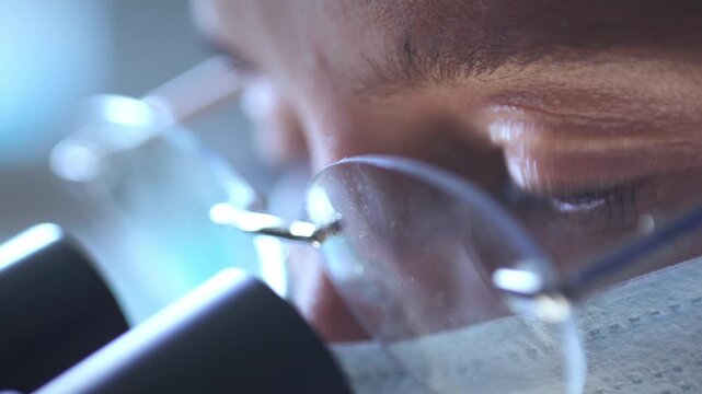 Extreme close up view of eyes of female laboratory scientist in glasses using professional microscope during medical research