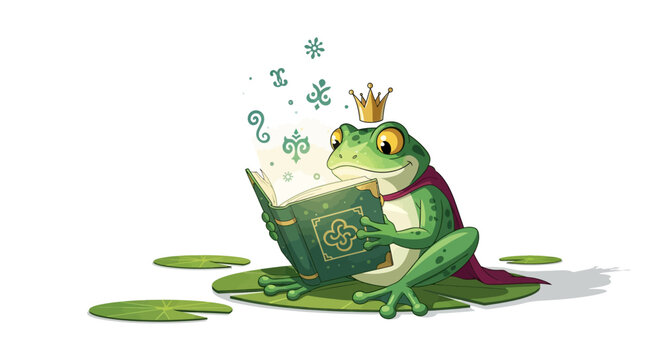 Whimsical Frog King Reading Magical Book on Lily Pad