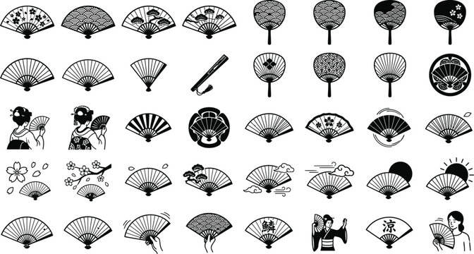 Japanese folding fan and Uchiha vector elements set. Black silhouette icons of traditional Asian hand fans, geisha, cherry blossom patterns, and oriental design ornaments isolated on white background.