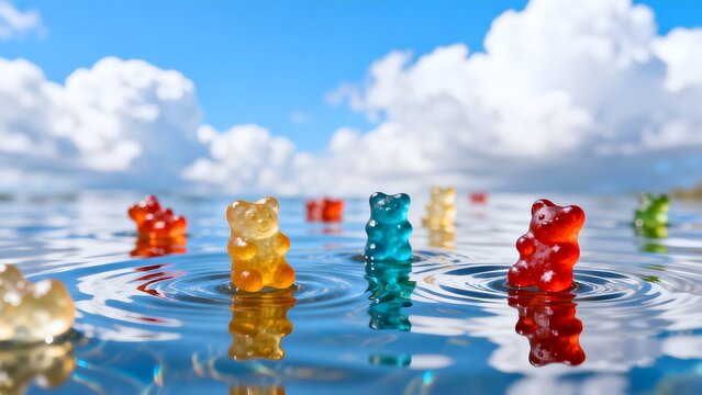 Colorful gummy bears floating in water