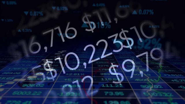 Large floating monetary values in white over a digital grid with stock market line graphs on a dark blue background.