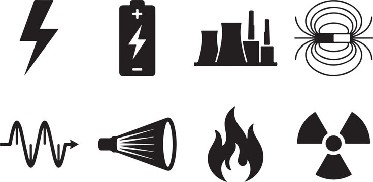 Collection of 8 Industrial Icons, Technology Symbols, Energy Signs, and Hazard Logos