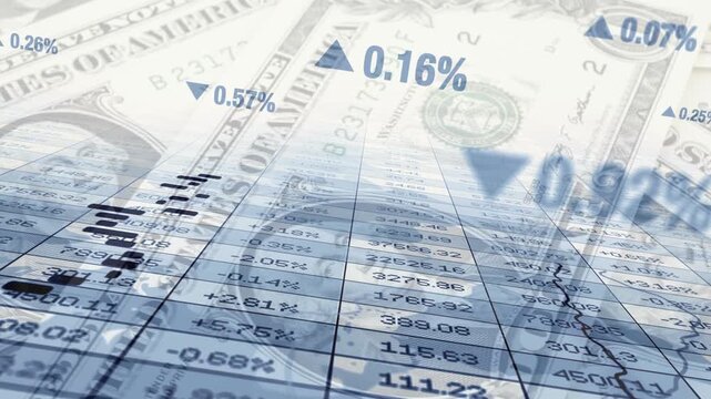 Faded blue '401K' text over a stock market data table and chart, with US dollar bills in the background.