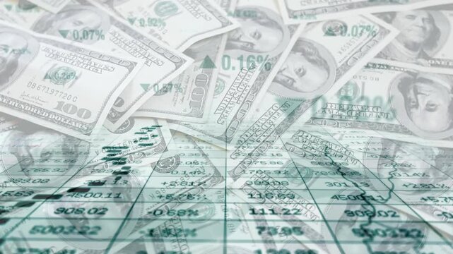 Multiple overlapping financial charts, graphs, and percentage numbers superimposed on US dollar bills.