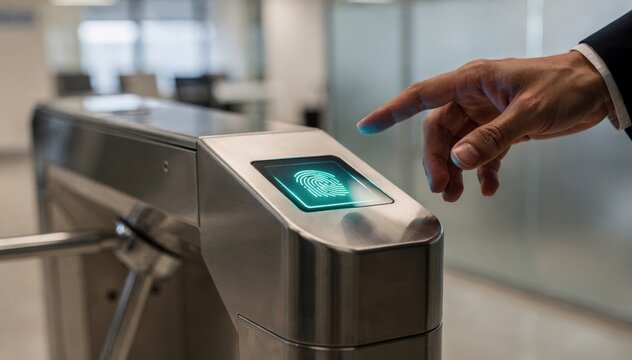 Medium shot of general access turnstile with glowing fingerprint reader as persons hand approaches background softly blurred to highlight scanning action.