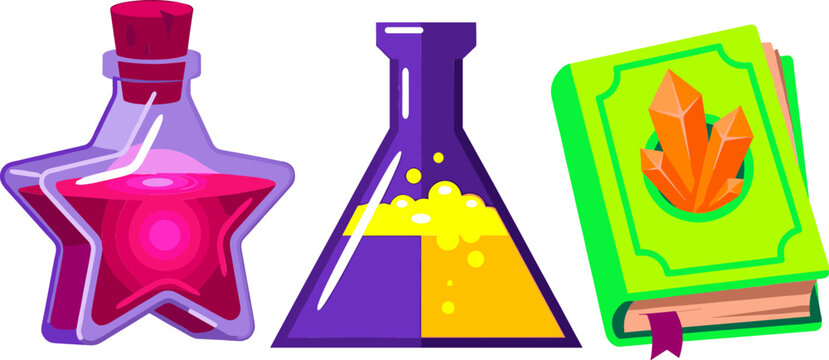 Magical Alchemist Potion Bottles Vector Set Featuring Pink Star Flask Bubbling Yellow Elixir Lab Beaker And Wizard Spell Book For Fantasy Graphics