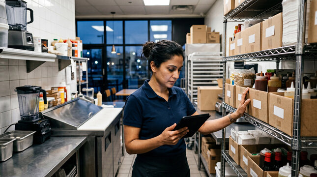 Woman checking inventory on tablet in commercial kitchen storage area managing restaurant supply chain operations