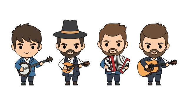 Four talented musical men play traditional folk songs together while wearing formal suits and hats during a festive gathering representing a group of performers creating joy for audiences at