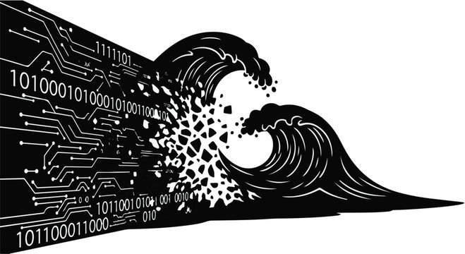 binary code wave crashing digital circuit background
