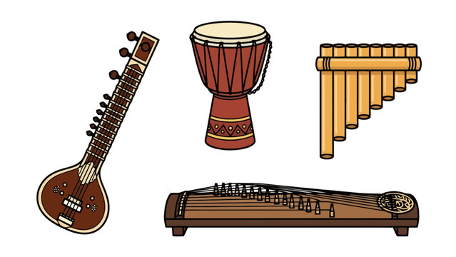 A collection of traditional musical devices including a wooden sitar a rhythmic drum a panpipe flute and a stringed zither performance ensemble that represents global cultural musical heritage