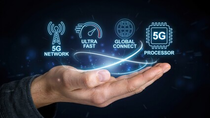 Fototapeta premium Human hand holding digital 5g network icons and technology processor symbols
