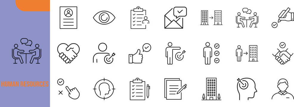 Human resources business line icons. resume icon set, handshake icon set, interview icon set