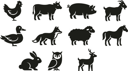 Farm and wild animals black silhouette vector icon collection set featuring profile stencils of cow horse pig sheep goat deer and rabbit isolated on white background © MeheDi