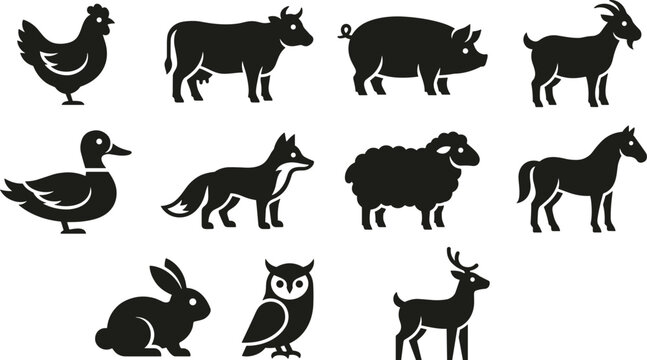 Farm and wild animals black silhouette vector icon collection set featuring profile stencils of cow horse pig sheep goat deer and rabbit isolated on white background