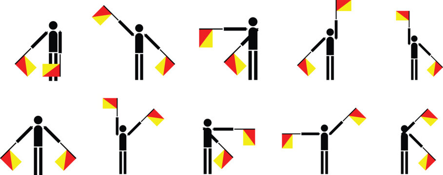 Semaphore Flag Signaling Stick Figure Poses Communication Set Flat Design Vector Illustration