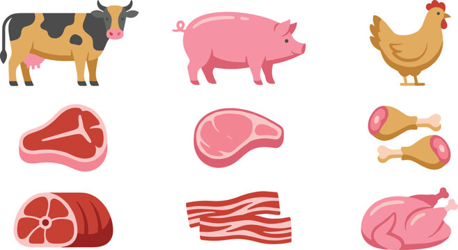 Butcher shop raw meat cuts and farm animals vector cartoon icon collection set featuring beef steak pork chops bacon strips and chicken drumsticks isolated on white background