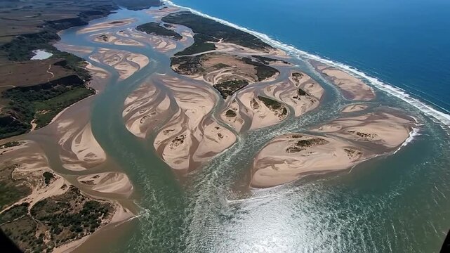 Aerial view of river delta meeting ocean: natural landscape and estuary patterns coastline