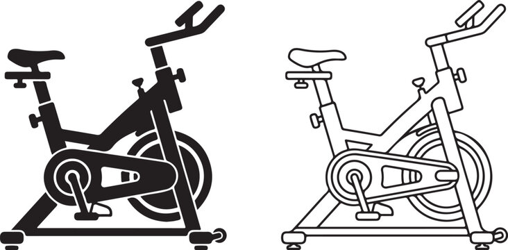 Exercise bikes, fitness bicycles, spin class icons, workout equipment, gym machines
