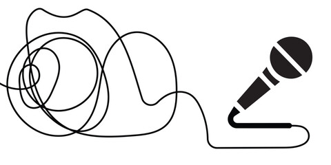 Conceptual graphic of long tangled black wire connected to handheld dynamic mic © Juyel Visuals