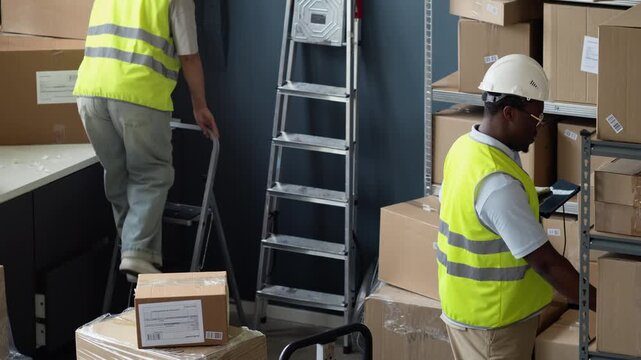 Stab shot of African American man scanning barcodes on boxes while woman climbing ladder to retrieve package in warehouse. Clip perfect for logistics, supply chain, and e-commerce marketing