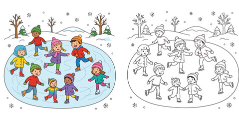 Obraz premium Children Ice Skating on a Frozen Lake Winter Landscape Illustration and Coloring Page Set, Vector Cartoon Characters Enjoying Winter Sports Activity for Kids Education