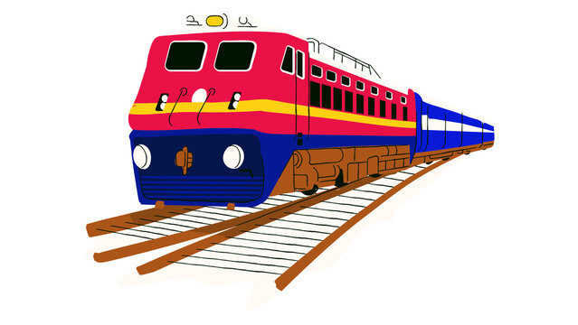 Flat vector illustration of a passenger train on railway tracks isolated on black background
