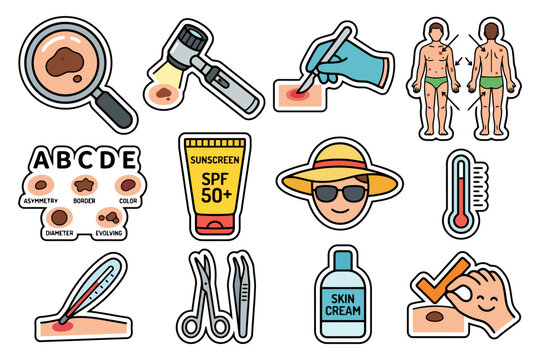 Skin health awareness icons: sunscreen, mole check, thermometer, abcde chart, skin cream.