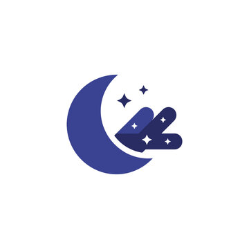 Crescent moon with stars and geometric shapes icon.