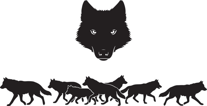 Wolf pack, wolf icons, black silhouette, animal graphics, wildlife symbols