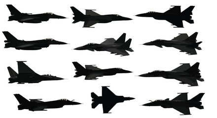 Military Jet Aircraft Silhouettes In Various Flight Positions Silhouette © sefali