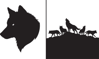 Wolf pack silhouette icons, black wolf head and howling wolves on hill, vector graphics © Nayeem