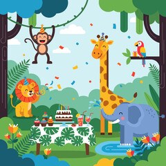 Naklejka premium Jungle Birthday Party with Animals: Monkey, Giraffe, Lion, Elephant, Parrot