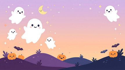 Naklejka premium Cute cartoon halloween background, with smiling ghosts, bats, pumpkins, and, a crescent moon, on a purple, and orange gradient, sky landscape