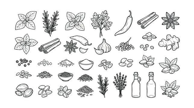 Set of 40 Hand Drawn Spice Herb and Seasoning Vector Icons