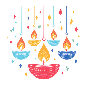 Colorful diya lamps with hanging decorations and confetti