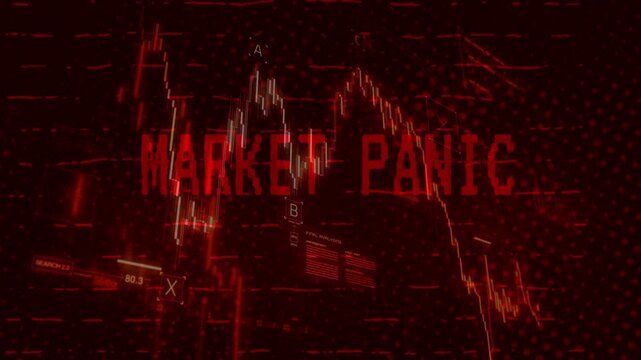 Drastic red line graph dropping sharply with 'MARKET PANIC' text overlaid on a dark digital grid. Concept of stock market collapse, severe financial loss, and sudden economic downturn.