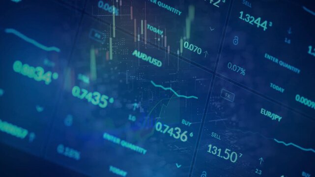 Digital forex trading interface showing currency pairs like AUD/USD and EUR/JPY with buy/sell indicators on a blue background. Concept of foreign exchange, global finance, and day trading.