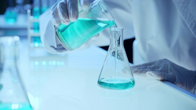 Close up of view of gloved hands of unrecognizable scientist in white lab coat pouring blue liquid fluid from beaker into flask placed on glowing light table in modern chemistry laboratory
