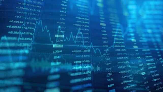 Abstract blue financial background featuring real-time stock market data, moving numbers, and analytical charts. Concept of big data analysis, digital trading, and business investing.