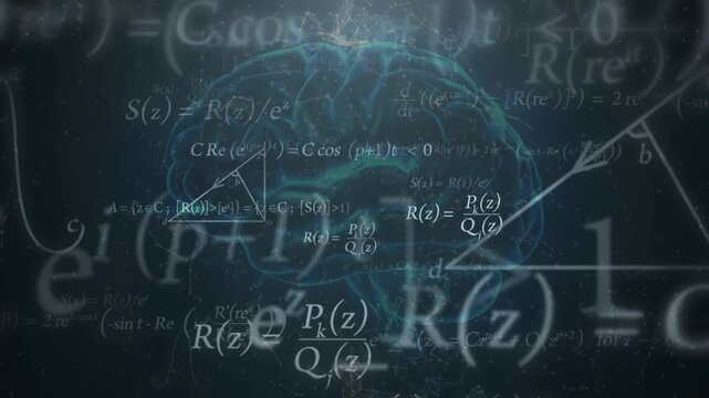 3D blue brain model pulsing with floating mathematical equations and scientific symbols. Concept of cognitive science, machine learning, artificial intelligence, and digital mind.